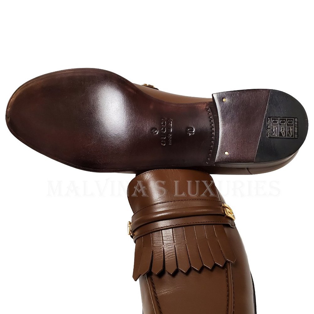 GUCCI SHOES MENS MIRRORED G FRINGED DETAIL BROWN LOAFERS sz US 10.5 - Picture 15 of 16
